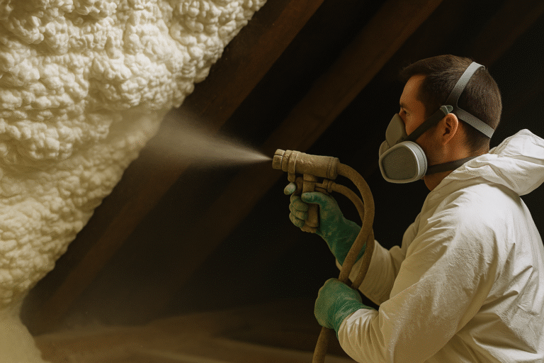 Spray foam insulation technician applying closed cell foam inside a residential attic