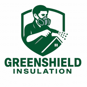 Greenshield Insulation logo showing a worker spraying foam inside a shield icon