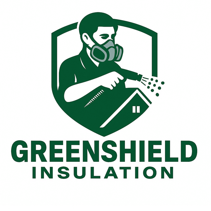 Greenshield Insulation logo showing a worker spraying foam inside a shield icon
