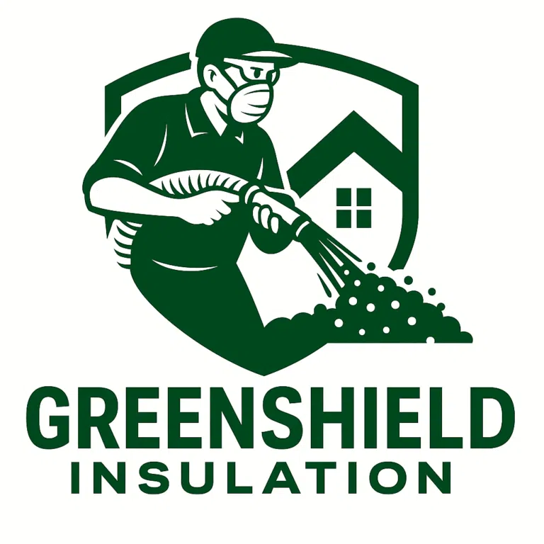Greenshield Insulation logo showing a worker spraying foam inside a shield icon