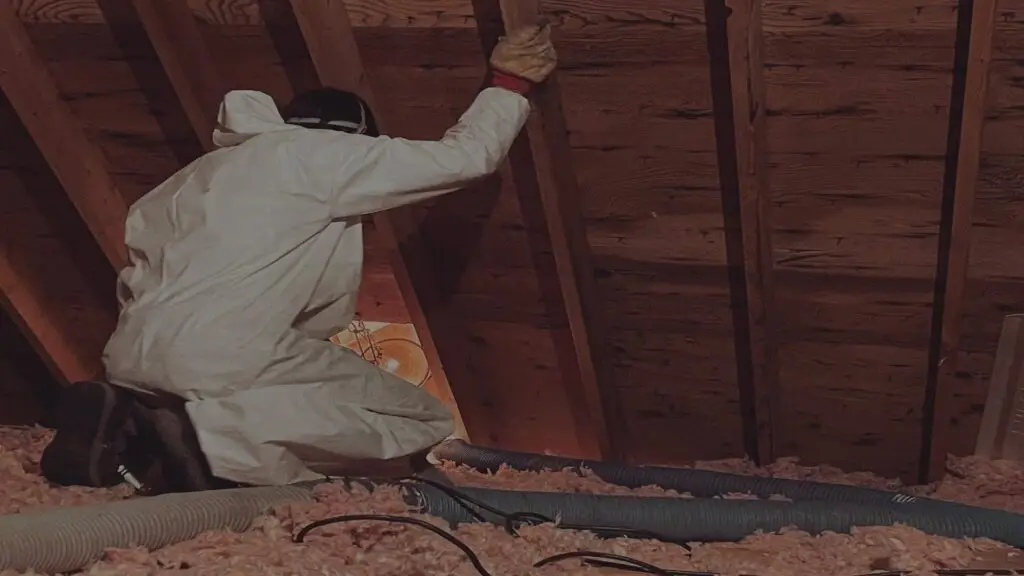 Why Kalamazoo & Portage Homes Still Lose Energy Through the Attic 3 home insulation in mi Insulation installer in protective suit working in attic with blown-in insulation and ventilation hoses – Greenshield Insulation, Mattawan MI.”