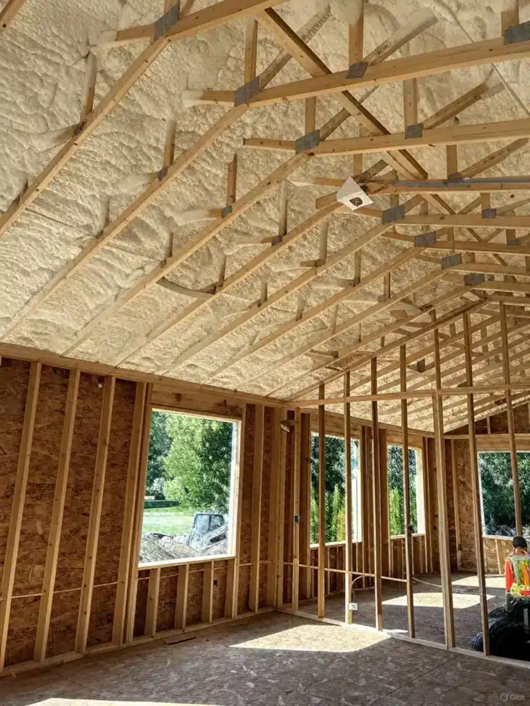 Greenshield Insulation | Spray Foam & Home Insulation Experts in Mattawan, MI 4 Spray foam insulation contractor applying closed-cell foam in Kalamazoo MI attic